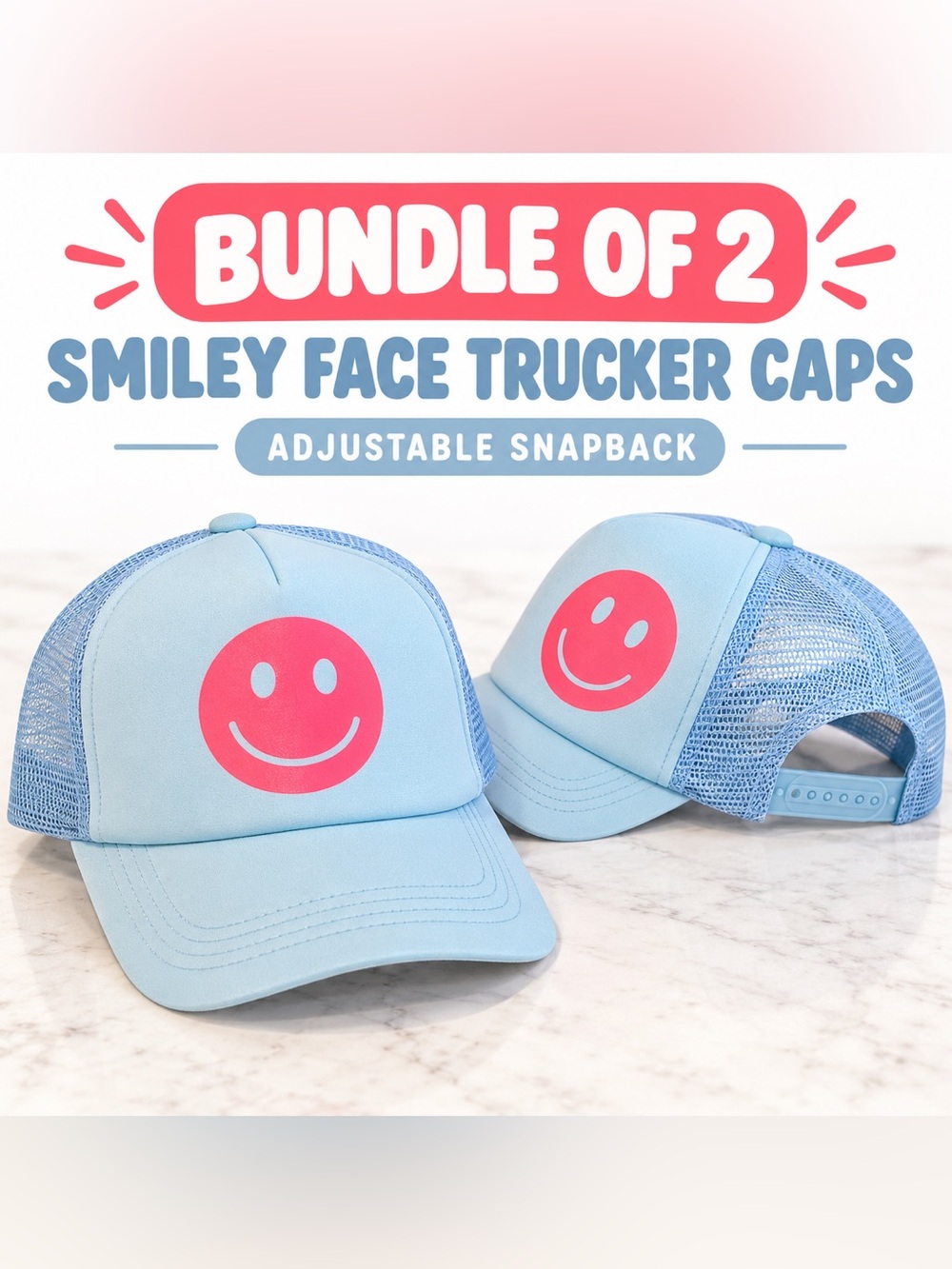 Bundle of 2 Light Blue Smiley Face Trucker Caps